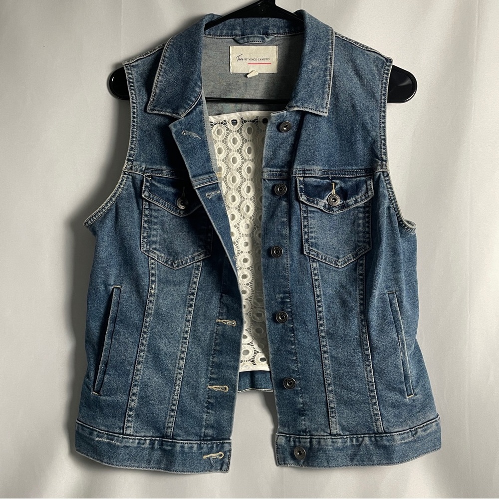 Two By VINCE CAMUTO Distressed Denim Vest With Crochet Back MED Festival Summer